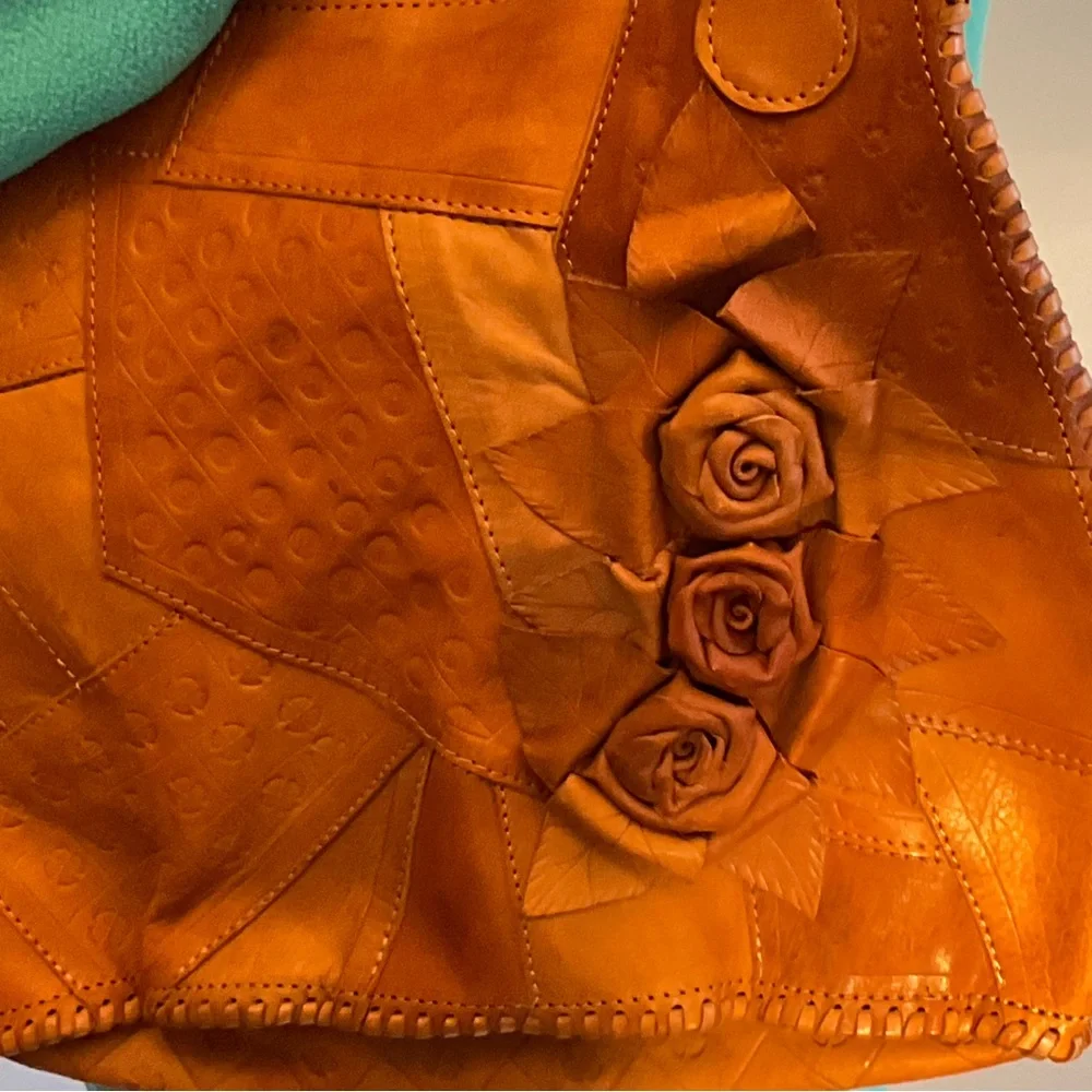 Handcrafted Patchwork Leather Tote Rose Appliqué Free People Anthro Festival - Picture 4 of 13